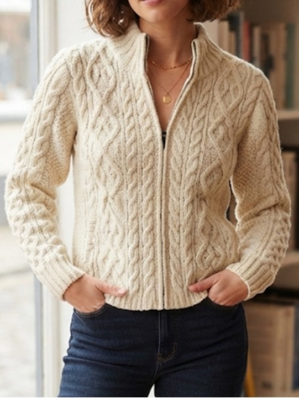 INIS CRAFTS Merino Wool Cableknit Full Zip Fisherman’s Sweater Small w/ Flaws